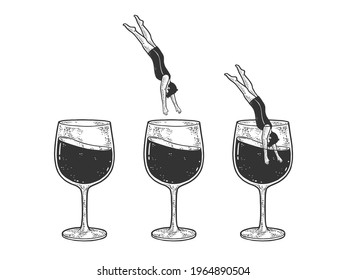 man dives into a glass of wine set sketch engraving vector illustration. T-shirt apparel print design. Scratch board imitation. Black and white hand drawn image.