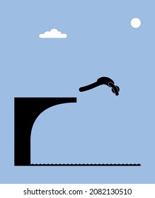 man dives into the pool from a springboard, stick figure swimmer pictogram. human silhouette jumping into the water