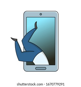 Man dives into the smartphone. Gadget addiction, social media dependency concept. Flat cartoon vector illustration, isolated on white background.