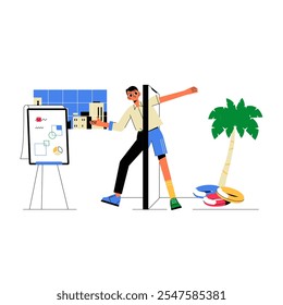 Man Dividing Office And Vacation Time In Flat Vector Illustration Symbolizing Work Life Balance And Leisure, Isolated On White Background.