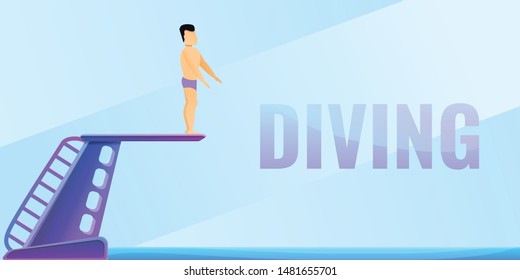 Man diving board concept banner. Cartoon illustration of man diving board vector concept banner for web design