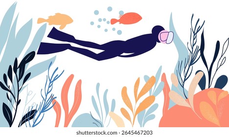 Man in diving mask swimming underwater among coral and fish.