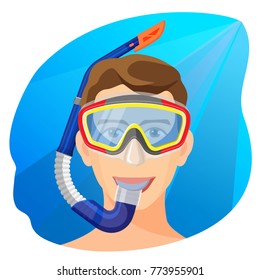 Man in diving mask underwater vector. Person in diving equipment