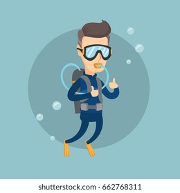 Hombre buceando con submarinismo y mostrando buen signo. Hombre caucásico adulto haciendo snorkel y dando el pulgar para arriba. Hombre disfrutando el buceo. Ilustración de diseño plano vectorial. Diseño cuadrado.