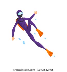 Man in diving suit and fins swimming underwater with scuba vector Illustration on a white background