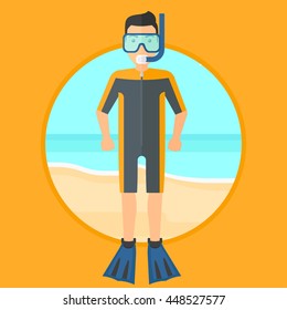 Hombre con traje de buceo, aletas, máscara y tubo parado en la playa. Buceo en la playa. Joven disfrutando del buceo libre. Ilustración de diseño plana vectorial en el círculo aislado en el fondo.