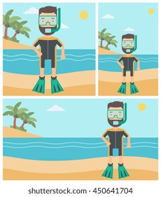 Man in diving suit, flippers, mask and tube standing on the beach. Male scuba diver on the beach. Young man enjoying snorkeling. Vector flat design illustration. Square, horizontal, vertical layouts.