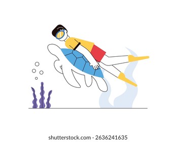 Man diving with turtle under the sea, blending with the marine ecosystem. Character design. Vector flat illustration