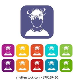 Man with dizziness icons set vector illustration in flat style In colors red, blue, green and other
