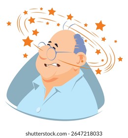 Homem com tontura e estrelas voando em volta da cabeça. Gente engraçada. Modelo de conceito de ilustração para site, página inicial da Web, banner, apresentação, social, cartaz, promoção ou mídia impressa.