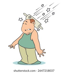 Homem com tontura e estrelas voando em volta da cabeça. Gente engraçada. Modelo de conceito de ilustração para site, página inicial da Web, banner, apresentação, social, cartaz, promoção ou mídia impressa.