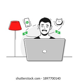 The man is dizzy under the flow of calls and the approaching deadline