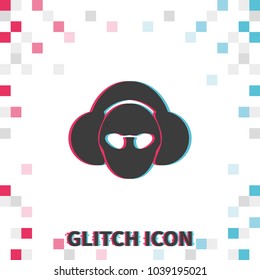 Man dj in headphone  glitch effect vector icon.