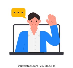 Man do Business-Videokonferenz, Telekommunikation, Webinar, mit Laptop-Gesprächen mit Kollegen, Online-Lernen und Fernarbeitskonzept, flache Vektorgrafik