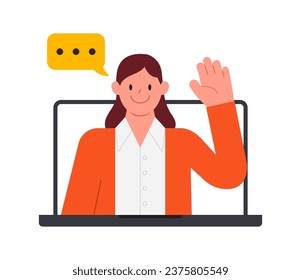 Man do business video call conference, telecommuting, Webinar, using laptop talk to colleagues, online learning and remote working concept, flat vector illustration