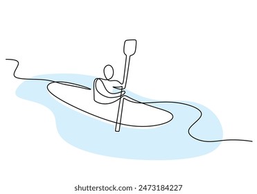 Hombre hacer deporte de kayak con el dibujo de la línea continua del barco. Concepto de deporte de aventura atlética. Ilustración vectorial diseño minimalista dibujado a mano.