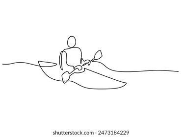 Hombre hacer deporte de kayak con el dibujo de la línea continua del barco. Concepto de deporte de aventura atlética. Ilustración vectorial diseño minimalista dibujado a mano.