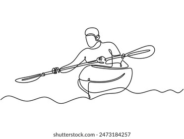 Man do kayaking sport with boat continuous line drawing. Athletic adventure sport concept. Vector illustration minimalist design hand drawn.