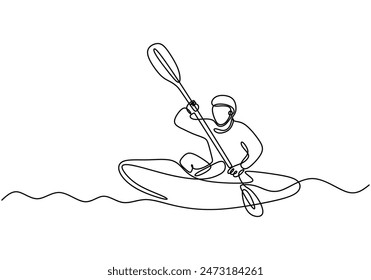 Hombre hacer deporte de kayak con el dibujo de la línea continua del barco. Concepto de deporte de aventura atlética. Ilustración vectorial diseño minimalista dibujado a mano.