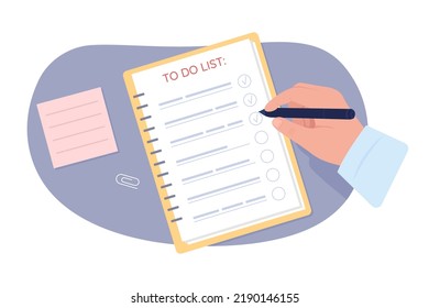 Man with to do list 2D vector isolated illustration. Tasks tracker flat first view hand on cartoon background. Colourful editable scene for mobile, website, presentation. Comfortaa Regular font used