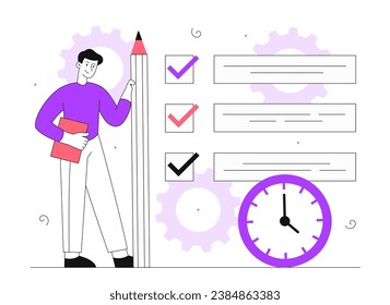 Man with to do list line concept. Young guy with big pencil near document with targets and time. Time management and organization of efficient work process. Linear flat vector illustration