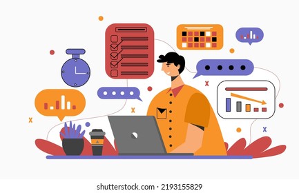 Man do multitasking at job. Boy do multitasking at work. Work hard concept flat ilustration character.