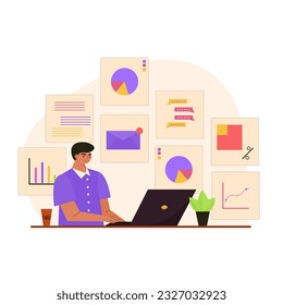 Man do multitasking job on laptop Illustration. Remote work or freelance handle many Job Illustration character design for poster and social media.