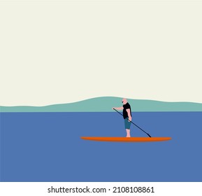 Man do stand up paddling on water. Summer Activity on Water. Beach activities. Vector illustration in flat style.