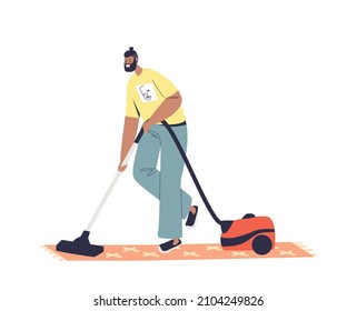 Man do vacuum cleaning clean floor at home. Young male washing house busy with housekeeping chores. Household activities concept. Cartoon flat vector illustration