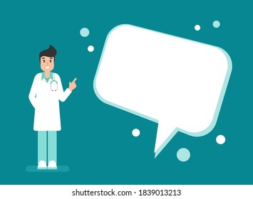 Man doctor with big speech bubble on blue background. Medical internet consultation.  Healthcare consulting web service.  Hospital support online. Computer doctor. Ask doctor. Vector flat illustration