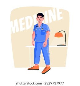 Man doctor in the cabinet. Male physician with stethoscope. General practitioner in medical uniform. Flat vector illustration on white background