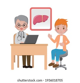 Man with doctor, cartoon comic vector of liver disease
