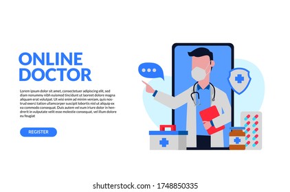 Man doctor character use face mask illustration concept on the smartphone with drug and medical box for online health consultation. landing page template