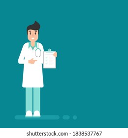Man doctor with check list on blue background. Precautions list. Check yourself. Medical internet consultation. Healthcare consulting web service.  Hospital support online. 