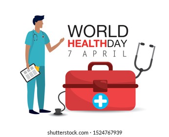 man doctor with check list to world health day vector illustration