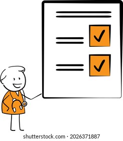 Man doctor with checklist document.Hand drawn doodle line art cartoon character design. Coronavirus and covid-19. Health care and medicine.isolated vector illustration check mark. Health test.

