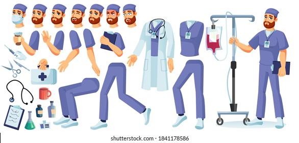 Equipo de creación de un doctor. Carácter animado de cirujano especializado. Uniforme, estetoscopio, herramientas de cuidado, equipo de tratamiento, detalle corporal, emoción diferente, gesto, kit de tinte de constructor de acción