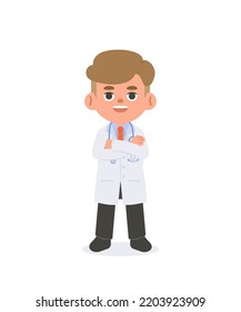 A man doctor cross one's arm in gown outfit  illustration vector cartoon character design on white background. Medical concept.