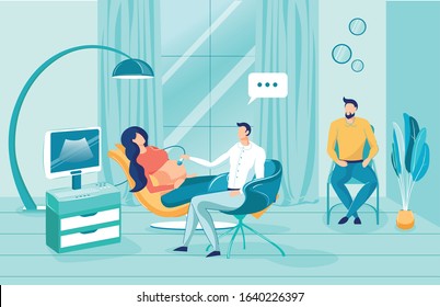 Man Doctor Doing Ultrasound Diagnostic to Pregnant Woman, Husband Waiting for Wife Flat Cartoon Vector Illustration. Character Having Medical Checkup. Computer Screen with Baby in Belly.