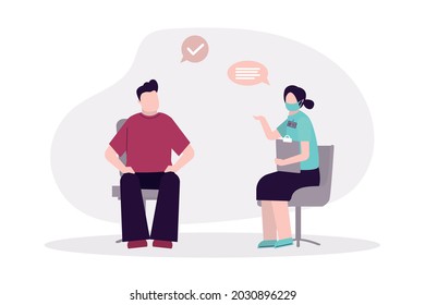 Man at doctor for examination. Cartoon man at nurse's appointment in hospital. Guy checking health. Concept of planned healthcare check up. Medical diagnostics of diseases. Flat vector illustration
