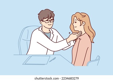 Man doctor examines woman applied to clinic with sore throat or bronchitis. Therapist in white coat sits at table holding out hands to girl patient in need treatment or medication. Flat vector design 