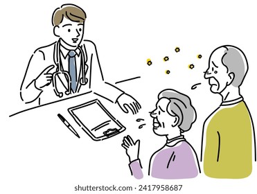 man doctor examining elderly couple patientr hand drawing illustration
Vector illustration of a doctor talking to an elderly patient.