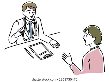 Man doctor examining a woman patient hand drawing illustration, vector