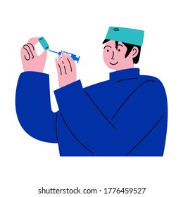 Man doctor filling syringe for making vaccination injection