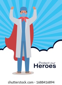 man doctor hero with cape against 2019 ncov virus design of Covid 19 cov infection corona epidemic disease symptoms and medical theme Vector illustration