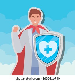 man doctor hero with cape and shield against 2019 ncov virus design of Covid 19 epidemic disease symptoms and medical theme Vector illustration