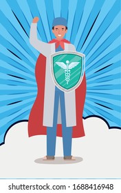 man doctor hero with cape and shield against 2019 ncov virus design of Covid 19 epidemic disease symptoms and medical theme Vector illustration