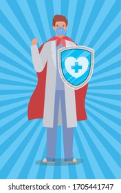 man doctor hero with cape and shield against 2019 ncov virus design of Covid 19 cov infection disease symptoms and medical theme Vector illustration