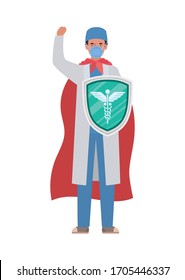 man doctor hero with cape and shield against 2019 ncov virus design of Covid 19 cov infection disease symptoms and medical theme Vector illustration