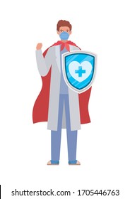 man doctor hero with cape and shield against 2019 ncov virus design of Covid 19 cov infection disease symptoms and medical theme Vector illustration